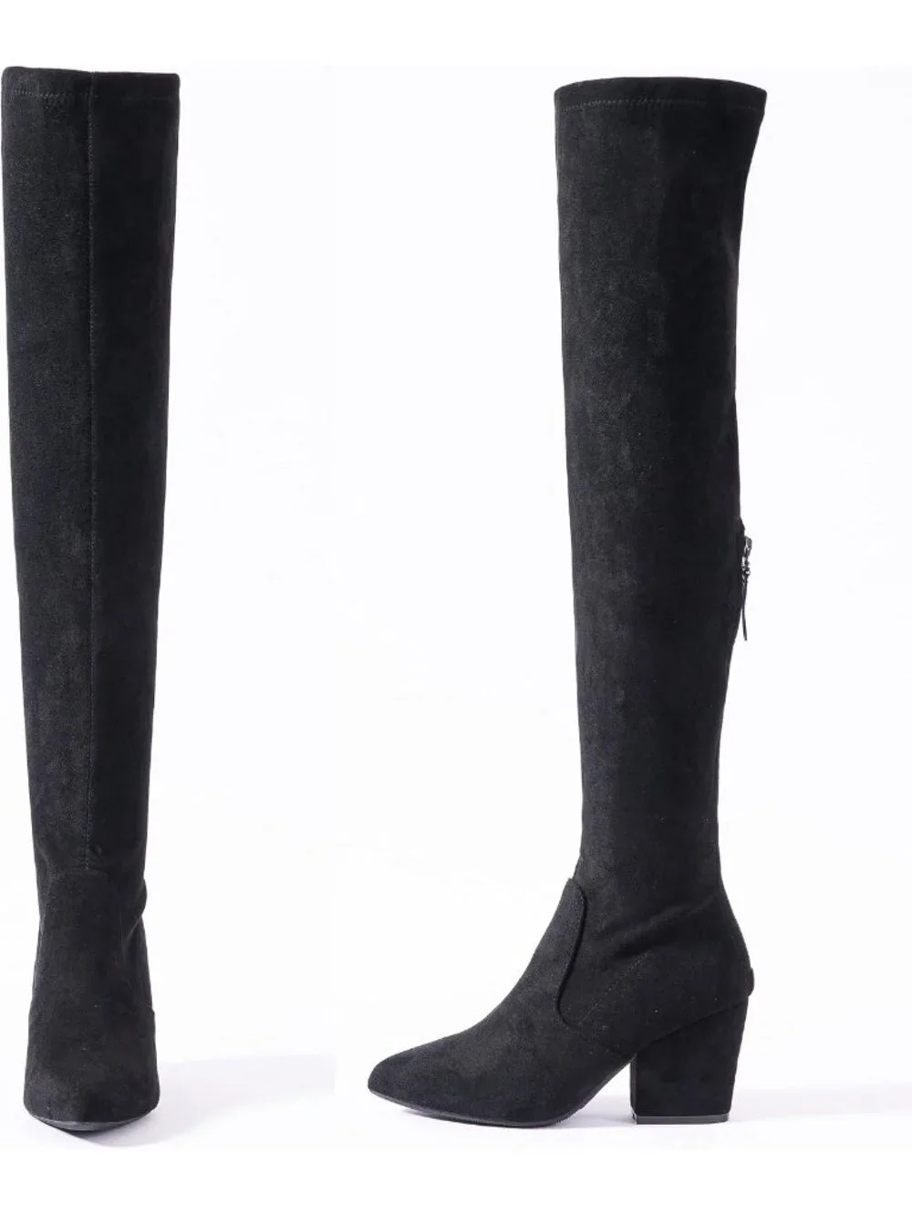 Women's Black 3 Inches Pointed Toe Chunky Block Heel Over The Knee High Boots